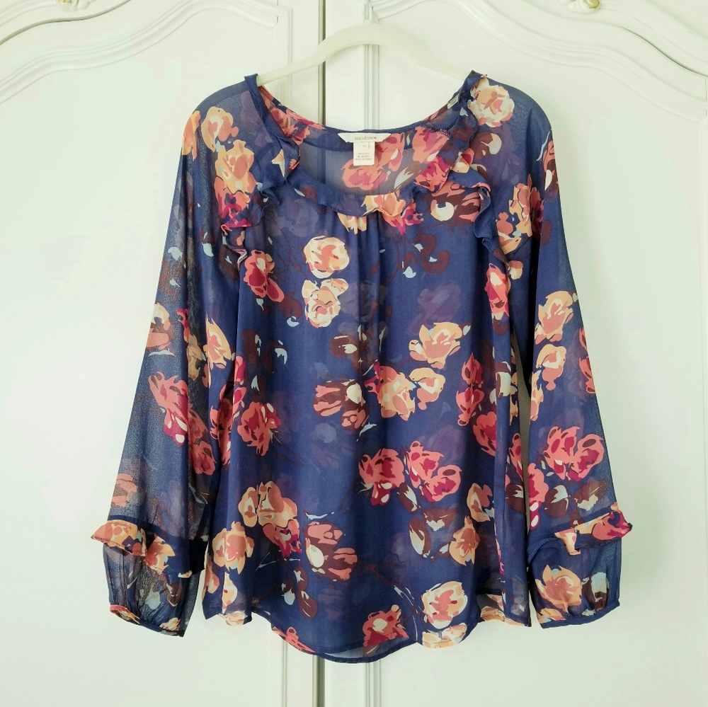 Sundance Blue Floral Silk Chiffon Ruffle Long Sleeve Pullover Top Womens Small